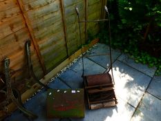Vintage lawnmower 'Super Panther' with catcher and 2 metal bench ends, etc