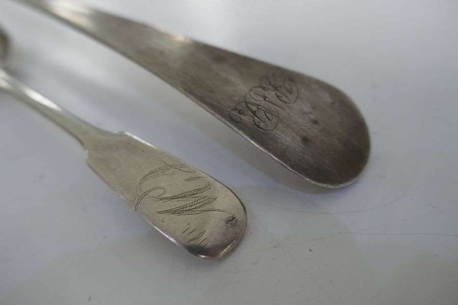 A large Georgian serving spoon hallmarked London 1799, William Eley and William Fearn. Along with a - Image 5 of 6