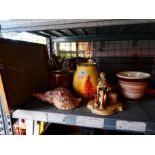 Quantity of miscellaneous items to include Doulton china, ceramic bed pan, oil lamps, cutlery, woode
