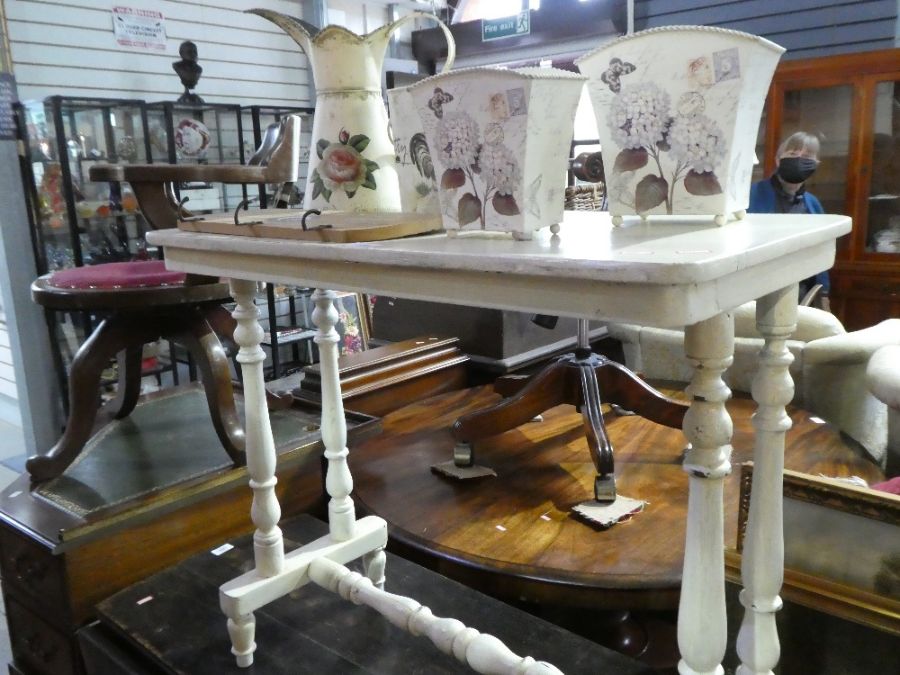 Distressed cream painted side table with vintage jugs, vases, café hooks