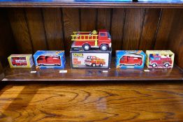 Five vintage tinplate and die cast fire engines by Lone Star and Marx