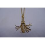 9ct yellow metal rope design with tassels, marked 375, approx 26cm drop. 10.4g