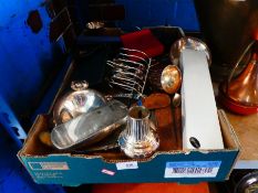 A selection of various silver plate, toast racks, spoons, dishes, etc