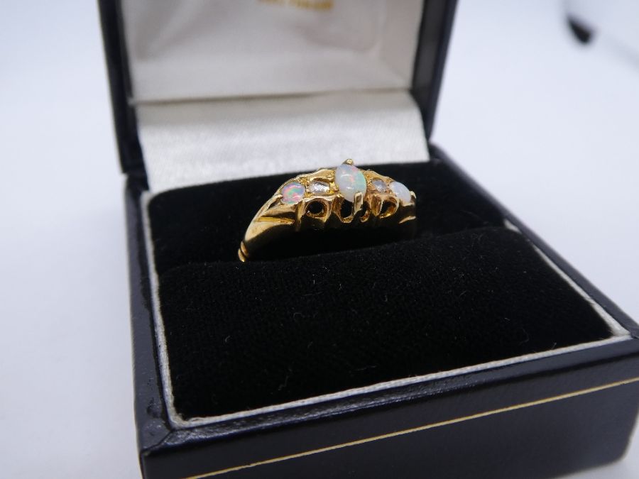 18ct yellow gold dress ring set with white opals and diamonds, size P, marked 18, 2.6g approx - Image 2 of 3