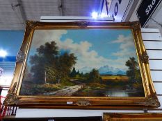 Four oil on canvas framed pictures, various signatures depicting landscape scenes