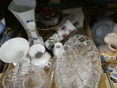 Three boxes of china, glass and sundries to include Portmeirion, Aynsley, cut glass, wooden cats, la