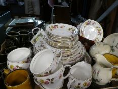 A box of china to include Portmeirion cups and saucers, Duchess plates and cups Royal Copenhagen war