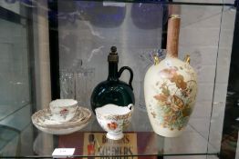 An old green glass decanter, a small quantity of Dresden teaware and sundry