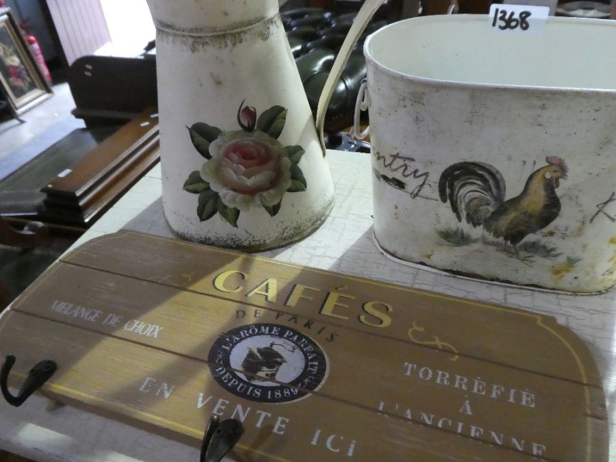 Distressed cream painted side table with vintage jugs, vases, café hooks - Image 3 of 3