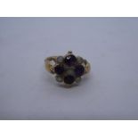 9ct yellow gold dress ring with 4 round cut amethyst and seed pearls, marked 375, size O, 3.8g