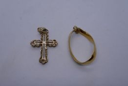 Large 9ct yellow gold cross pendant approx., 4.5cm marked 375 together with an oval 9ct yellow gold