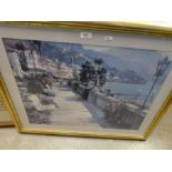 A quantity of framed prints, bevelled floral decorated mirror and a large Oriental silk hand made pi