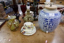 An amethyst glass vase, a pair of Ruby Red octagonal glasses, a blue and white Chinese ginger jar an