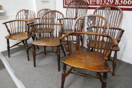 6 x antique Windsor stickback chairs, four having crinoline stretchers