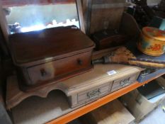 A quantity of treen to include boxes, bellows, carved figures, dressing table mirror, etc