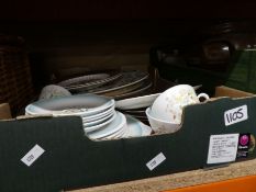 Four boxes of various china and glass to include Roslyn, J & G Meakin dinner ware, Portmeirion, etc