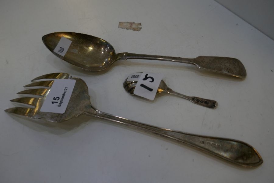 An early Victorian Silver serving spoon hallmarked Exeter 1839 Robert Williams. Along with a large f