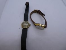 Vintage 9ct gold cased 'Prestex' wristwatch, marked 375, on black leather strap and Timex example