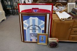 Two Gillingham football club shirts with signatures, one other shirt a program and a football