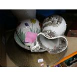 A box of small framed and glazed prints large tulip painted bowl and jug and another and brass plate