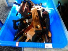 Two boxes of vintage woodworking tools including planes, handrills, etc