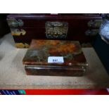 Two oriental made boxes with brass and jadeite inlay, plus an alabaster cigarette box