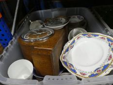 Three boxes of china, glass and sundries to include mantle clock, binoculars, phoenix ware, blue and