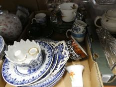 3 boxes of china and glasses to include vases, blue and white china, tea pots, cups, two lamps AF et