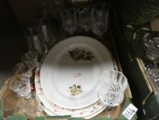 Four boxes of china and glass to include dinnerware, Portmeirion large oval plates and teapot, cut g