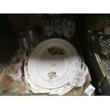 Four boxes of china and glass to include dinnerware, Portmeirion large oval plates and teapot, cut g