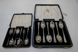 A cased set of six silver small spoons hallmarked Birmingham 1930 Raeno Silver Plate Co Ltd. And ano