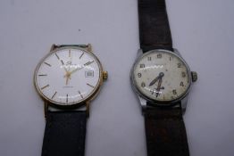 Two vintage gents wristwatches, one with 9ct gold back only, and silver butterfly brooch