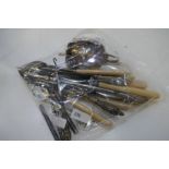 A large quantity of silver and plated items to include silver rim handled cutlery, silver salt, pen.