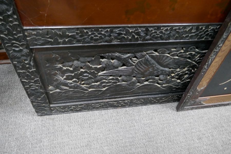 Oriental carved draft screen having 2 panels with Ivory decorated birds and flowers and 3 other simi - Image 3 of 6