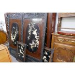 Oriental carved draft screen having 2 panels with Ivory decorated birds and flowers and 3 other simi