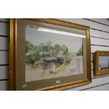 A late 20th century watercolour of River Thames lock and houses, signed Alex Prowse, 1981