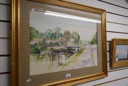 A late 20th century watercolour of River Thames lock and houses, signed Alex Prowse, 1981