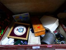 A leather small case containing various mixed collectables including silver plates, wooden boxes, et