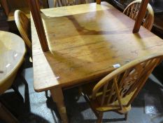 Vintage waxed pine rectangular kitchen table and set of 4 wheel back dining chairs