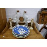 A pair of Mintons cherub candlesticks, a paid of Staffordshire dogs and sundry