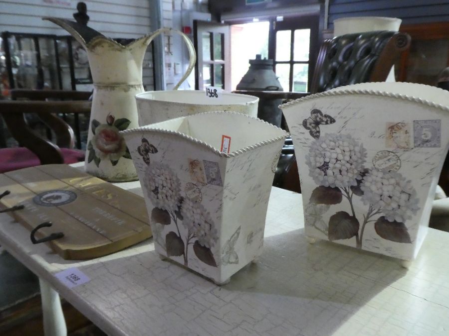 Distressed cream painted side table with vintage jugs, vases, café hooks - Image 2 of 3