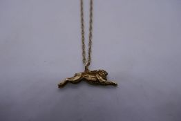 9ct yellow gold double belcher chain hung with a pendant of a hare, chain unmarked, hare pendant mar