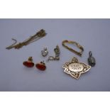 Mixed lot to include, fine 9ct yellow gold chain AF, gold front 'Dinna Forget' badge, earrings, pend