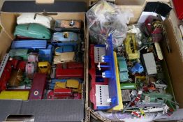 Two boxes of die-cast vehicles to include Dinky, Matchbox and Corgi along with other toys and soldie