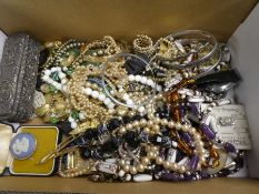 Box of mixed costume jewellery to include rolled gold bangle, bead necklaces, silver trinket box, wr