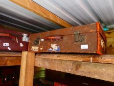 Vintage wooden bound canvas trunk and 2 vintage suitcases and a faux fur coat