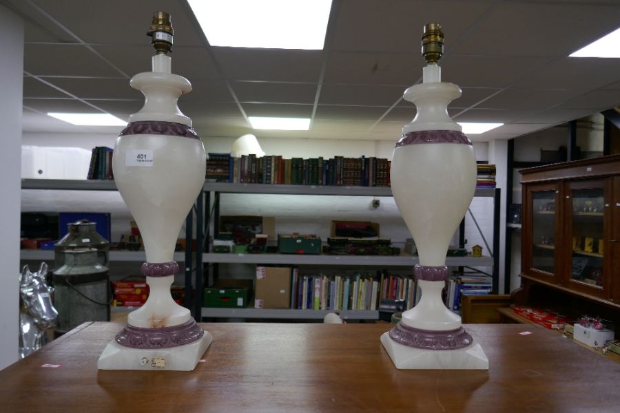 Pair of Alabaster Urn shaped table lamps on square base, 48cm - Image 3 of 4