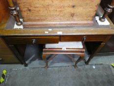 Vintage oak writing table with brown leather insert, 2 drawers and stool