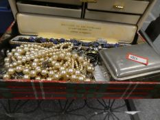 Two jewellery boxes and contents including rings, bracelets, brooches, etc and box of mostly hardsto