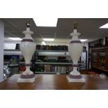 Pair of Alabaster Urn shaped table lamps on square base, 48cm